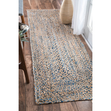 Hand Braided Twined Jute and Denim Area Rug, Blue, 2'6"x10' Runner