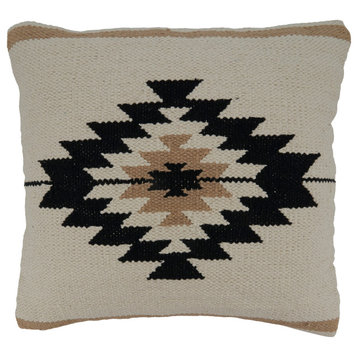 Poly Filled Throw Pillow With Kilim Design, 18"x18", Natural