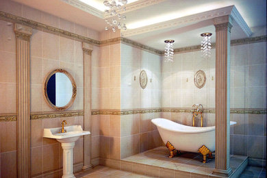 На фото: главная ванная комната среднего размера в стиле модернизм с отдельно стоящей ванной, унитазом-моноблоком и полом из керамогранита с