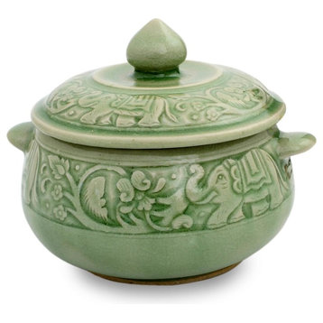 Novica Green Elephant Forest Celadon Ceramic Covered Bowl