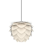 UMAGE - Aluvia Plug-In Pendant, Pearl/Black, Mini - Modern. Elegant. Striking. The VITA Aluvia is an artistic assemblage of 60 precision-cut aluminum leaves, overlapping each other on a durable polycarbonate frame. These metal leaves surround the light source, emitting glare-free, ambient light.  The underside of each leaf is painted white for increased light reflection, and the exterior is finished in one of two different colors: subtle Pearl or dramatic Anthracite. Available in two sizes, the Medium (18.9"H x 23.3"W) can be used as a pendant or hanging wall lamp, while the Mini (11.8"H x 15.7"W) is available as a pendant, table lamp, floor lamp or hanging wall lamp. Hang it over the dining table, position it in a corner, or use as a statement piece anywhere; the Aluvia makes an artistic impact in any room.