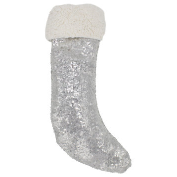 Charming Sequin and Sherpa Border Christmas Stocking, Silver