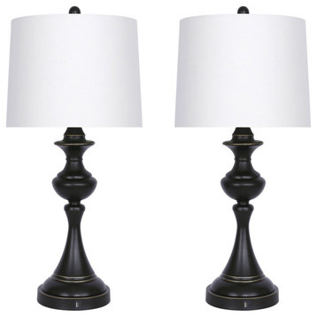 28.5" Oiled Bronze Table Lamp With USB Charger, Set of 2