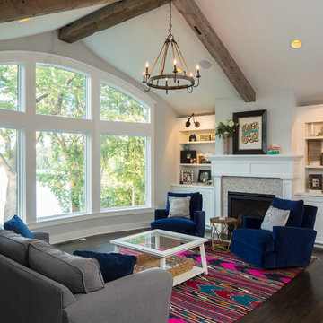 Weathered Antique Box Beams on a Vaulted Ceiling in a Transitional Living Room