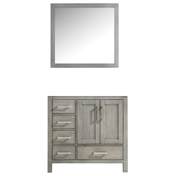 Jacques 36" Distressed Gray Single Vanity, No Top and 34" Mirror, Right Version