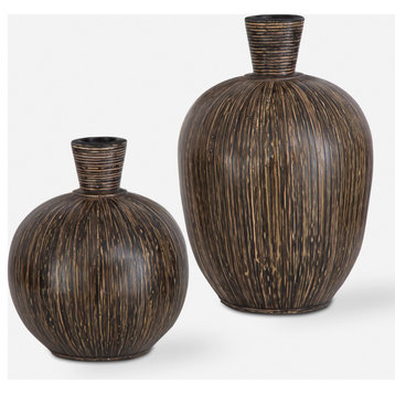 Uttermost 17116 Islander 16" Tall Terracotta and Bamboo Vase - Black Wash