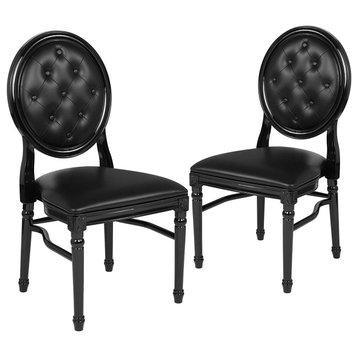 Set of 2 Dining Chair, Vinyl Seat With Rounded Button Tufted Backrest, Black