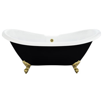 Porva 69"x29" Acrylic Clawfoot Soaking Bathtub, Black, Brushed Brass Hardware