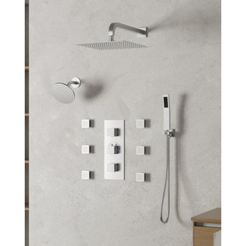 Dual Heads 12" Rain Shower System With 3 Way Thermostatic Faucet,Body Jets, Brushed Nickel