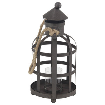Industrial 17"x8" Iron and Glass Cage Candle Holder With A Rope Handle