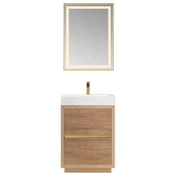 Huesca 24" Single Sink Bathroom Vanity Natural Oak Wood White Top With Mirror