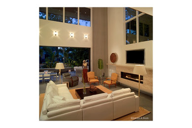 Large minimalist open concept concrete floor living room photo in Tampa with white walls, a ribbon fireplace and a stone fireplace