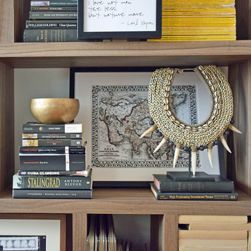 Close up of masculine shelving unit by Anserai/Elly MacDonald Design