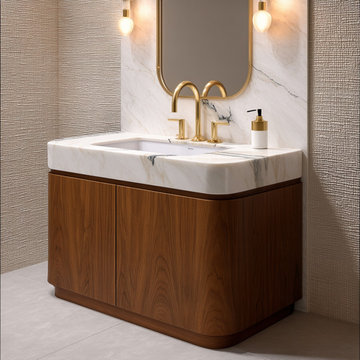 Curved Walnut Bathroom Vanity | Freestanding Sink Cabinet | Mid-Century Modern S
