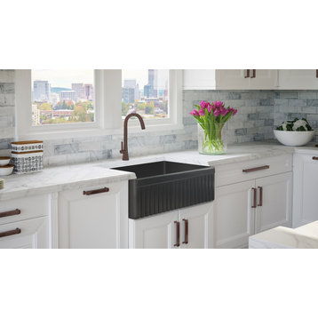 Fossil Blu 33" SOLID Fireclay Farmhouse Sink, Matte Black, with Accs, Fluted