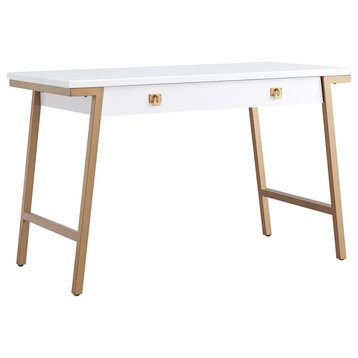 Transitional Desk, Rectangular Top & Drawer With Drop Front, White/Satin Gold