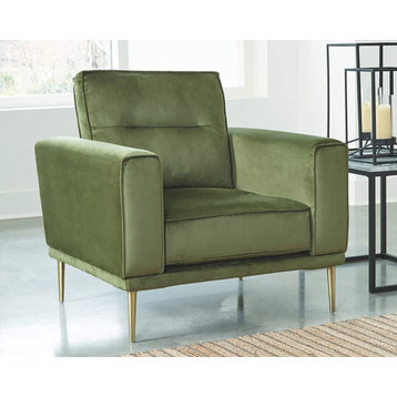 Modern Accent Chair, Cilindrical Metal Legs With Comfortable Velvet Seat, Moss