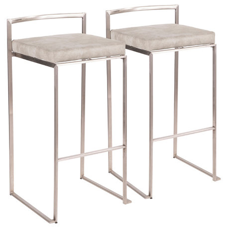 LumiSource Fuji Barstool, Stainless Steel Set of 2, Light Gray Cowboy Fabric