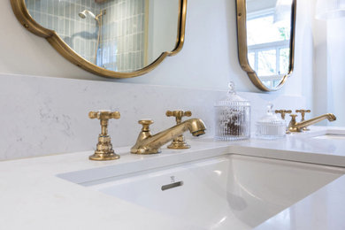 Inspiration for a small traditional ensuite bathroom in Channel Islands with beige cabinets, a walk-in shower, a two-piece toilet, green tiles, ceramic tiles, a submerged sink, quartz worktops, an open shower, white worktops, double sinks, a freestanding vanity unit and exposed beams.