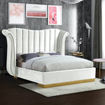 Meridian Furniture - Flora Black Velvet Bed, White, Queen - Make a dramatic statement while creating contemporary flair in the bedroom with this breathtaking Flora white velvet queen bed. Featuring a gold metal base upholstered with rich whie velvet with gold nailhead accents and channel tufting along the headboard, this gallant bed is sure to command the attention of anyone who enters your bedroom chamber. Its contemporary wing-back design adds a regal presence to your sleeping space, while its generous size ensures you sleep like a king.