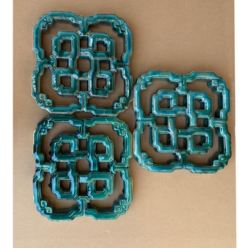 Chinese Infinite Knot Turquoise Green Mix Glaze Clay Tile, Set of 3
