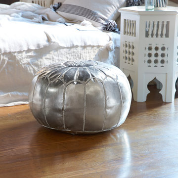 Embroidered Faux Metallic Leather Pouf, Silver on Silver