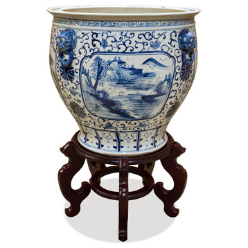 Blue and White Porcelain Fishbowl Planter, Chinese Scenery, Without Wooden Stand