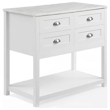 Unique Kitchen Cart, Bottom Shelf & Multiple Drawers With Faux Marble Top, White