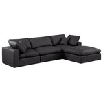Meridian Furniture - Comfy Upholstered L-Shaped Modular Sectional, Black, 4-Piece: 1 Armless Chair, 2 Corner Chair, 1 Ottoman, Vegan Leather - Give your space a whole new look with this black Comfy vegan leather sectional. This handsome sectional fits nicely with other items in the Comfy collection and is a versatile seating option designed for adaptability, comfort and style. Wrapped in rich black durable vegan leathered upholstery, this sectional offers a plush embrace of overstuffed down feather cushions, carefully crafted to deliver the highest level of comfort. The perfect seat for creating an oasis for relaxation, this sectional has thick foam surrounding its frame for added support and coziness.