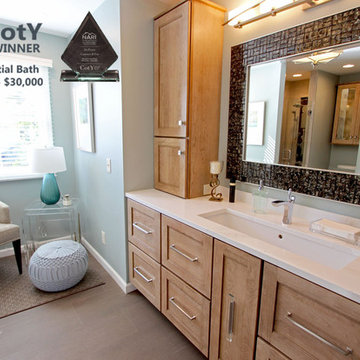 Transitional Masterbath with large sink, custom tiled shower and sitting area