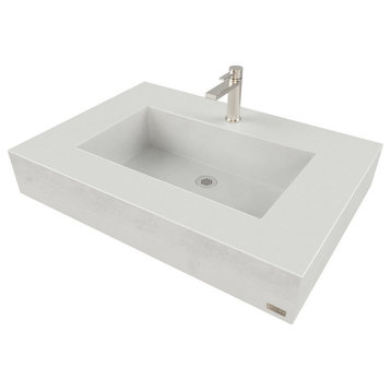30" ADA Floating Concrete Ramp Sink With Wood Grain Edge, White Linen