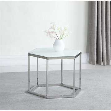 Coaster Hexagon Metal Frame Glass Top Accent Table in White and Silver