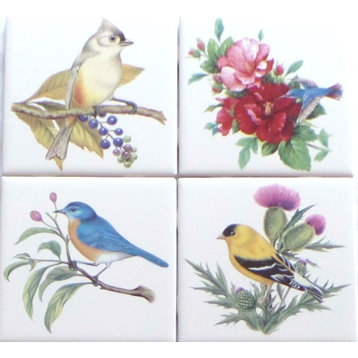 Beautiful Birds Ceramic Tile set 4 of 4.25" x 4.25" Kiln Fired Song Bird Decor B