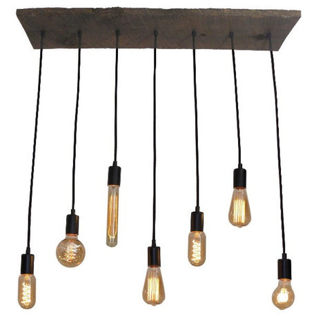 7 Pendant Reclaimed Wood Chandelier, Black, Mixed Antique Bulbs