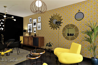 Idée de décoration pour une salle de séjour vintage avec sol en béton ciré, un sol gris et du papier peint.