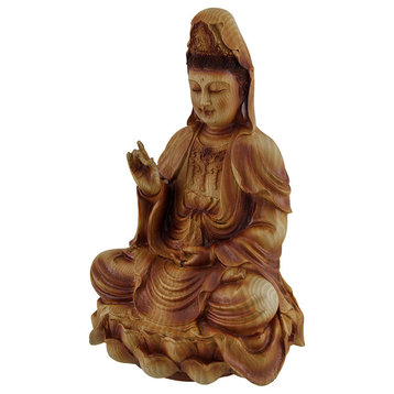 Guanyin Goddess of Mercy Sitting On Lotus Wood Finish Statue