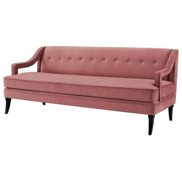 Mid Century Sofa, Dusty Rose Velvet Seat With Button Tufted Back & Piping Accent