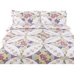 Collection - Wisteria Roses Patchwork Quilt Set, King - Explore underneath the majestic canopies and smell our roses through the mystical gardens of Wisteria with our Collection Elegant Wisteria Roses Quilt Patchwork Bedspread Set, Floral, Multi-Colored Purple & White, 2-3-Pieces. This elegantly designed light weight patchwork quilt set is ideal for any home that wishes for the luxurious look of rosebuds growing in their bedroom garden. To complete the look it is finished off with white circular geometric floral rose motif and around is patterned with a purple mix of patch worked checkered designs to complete the look. Included on the back of quilt is a reversible light brick red striped vertical design, as well. Made with polyester microfiber and contains 50% cotton and polyester filling created for your comfort for the softest and coziest material.