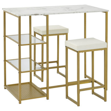 3-piece Modern Pub Set with Faux Marble Countertop and Bar Stools
