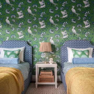 Playful Guest Bedroom with Green Bird & Floral Wallpaper and Twin Beds