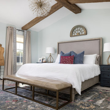 Vaulted Ceiling Beams with Glass Chandelier Master Bedroom