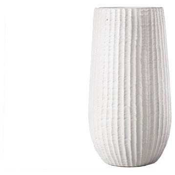 Round Ceramic Vase with Debossed Column Design Matte White Finish, Large