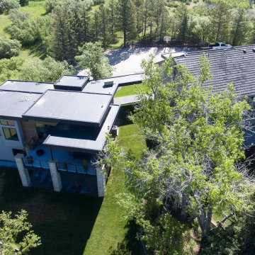 Aerial Bird's eye of Main house renovation with new guest house