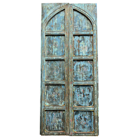 Consigned Antique Arched Double Barn Doors Blue Wooden 8ft Patio Doors 96