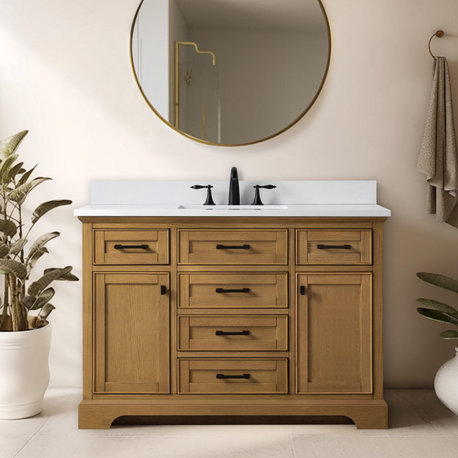 Milano Bathroom Vanity, Gray With White Quartz Top, Oak, 48", Non-Modular, Single Sink