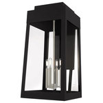 Livex Lighting - Livex Lighting Black 4-Light Outdoor Wall Lantern - This updated industrial design comes in a tapering solid brass black frame with a sleek, straight-lined look. Clear glass panels offer a full view of the brushed nickel accents, that will house the bulb of your choice.