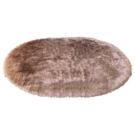 Super Soft Faux Sheepskin Silky Shag Rug, Oval, Camel, 5'x8'