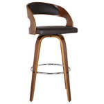 Armen Living - Shelly Swivel Bar Stool, 26" - Add a touch of mid-century modern glamour to your home with the Shelly 26" Counter Height Swivel Brown Faux Leather and Walnut Wood Bar Stool from Armen Living. The retro silhouette exudes timeless appeal that would easily fit into any home regardless of the existing design theme. The Shelly kitchen stool features a beautiful wood frame and seat back that wrap around a luxurious high-density foam cushioned back and seat. Upholstered in soft faux leather upholstery, the Shelly provides a full mobility with a 360-degree swivel function that enables you to engage with your guests regardless of their place in the room at parties or gatherings, making this ideal for entertaining. The open seat back provides breathable seating and allows for easy movement around your home. Available in a 26 inch or 30-inch seat height, the Shelly stool can easily incorporate into your kitchen, office, home bar, or den. The Shelly Swivel Faux Leather and Wood Bar or Counter Stool is available in your choice of a walnut wood finish with brown faux leather upholstery or a black wood finish with grey faux leather upholstery.