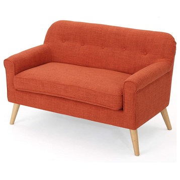 Mid Century Modern Loveseat, Natural Birch Legs & Muted Orange Upholstered Seat