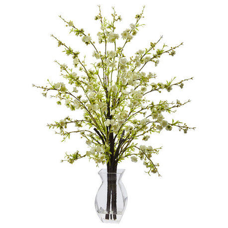 Cherry Blossom In Glass Vase, White